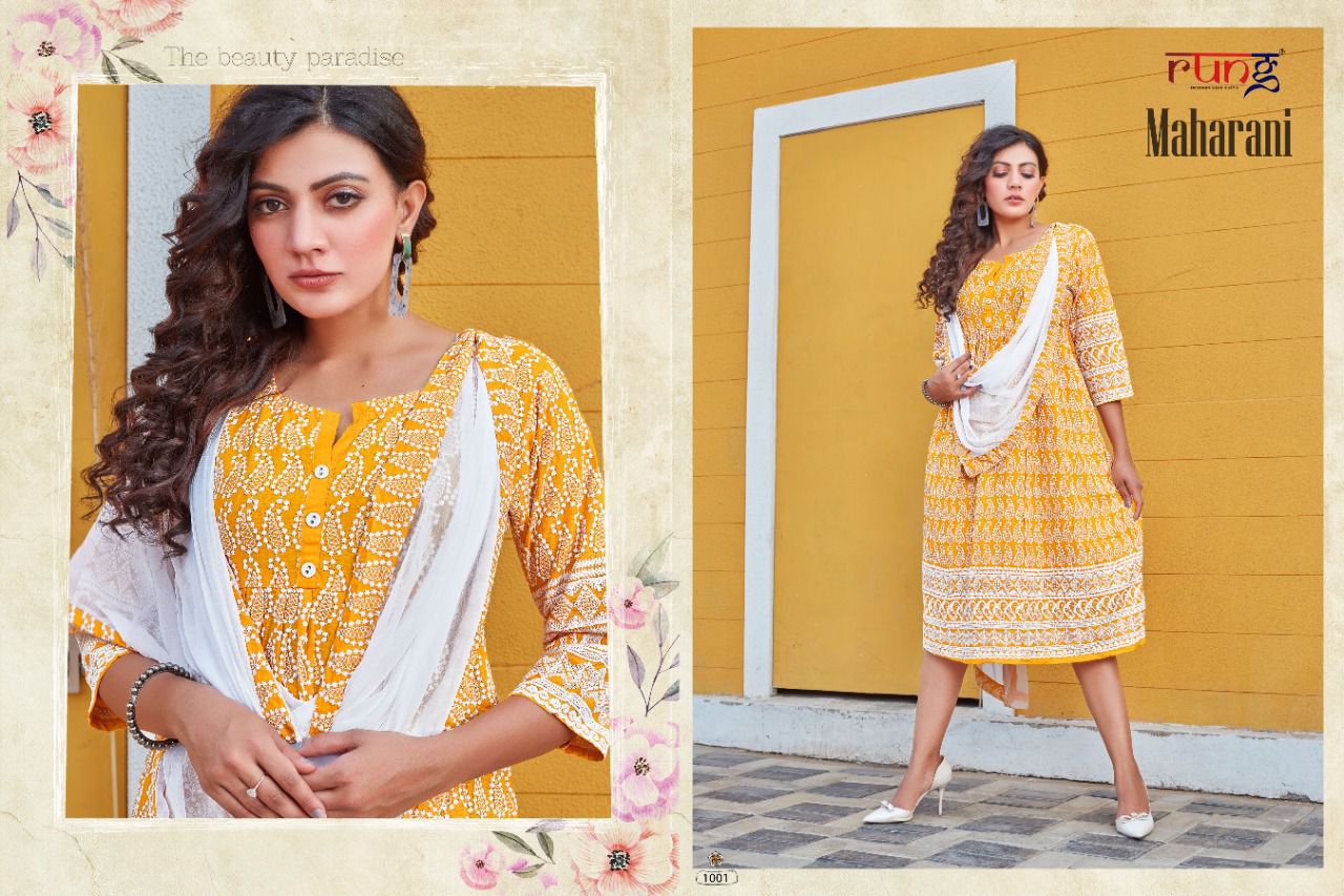 Rung Maharani Regular Wear Printed Rayon Designer Kurti With Dupatta Collection